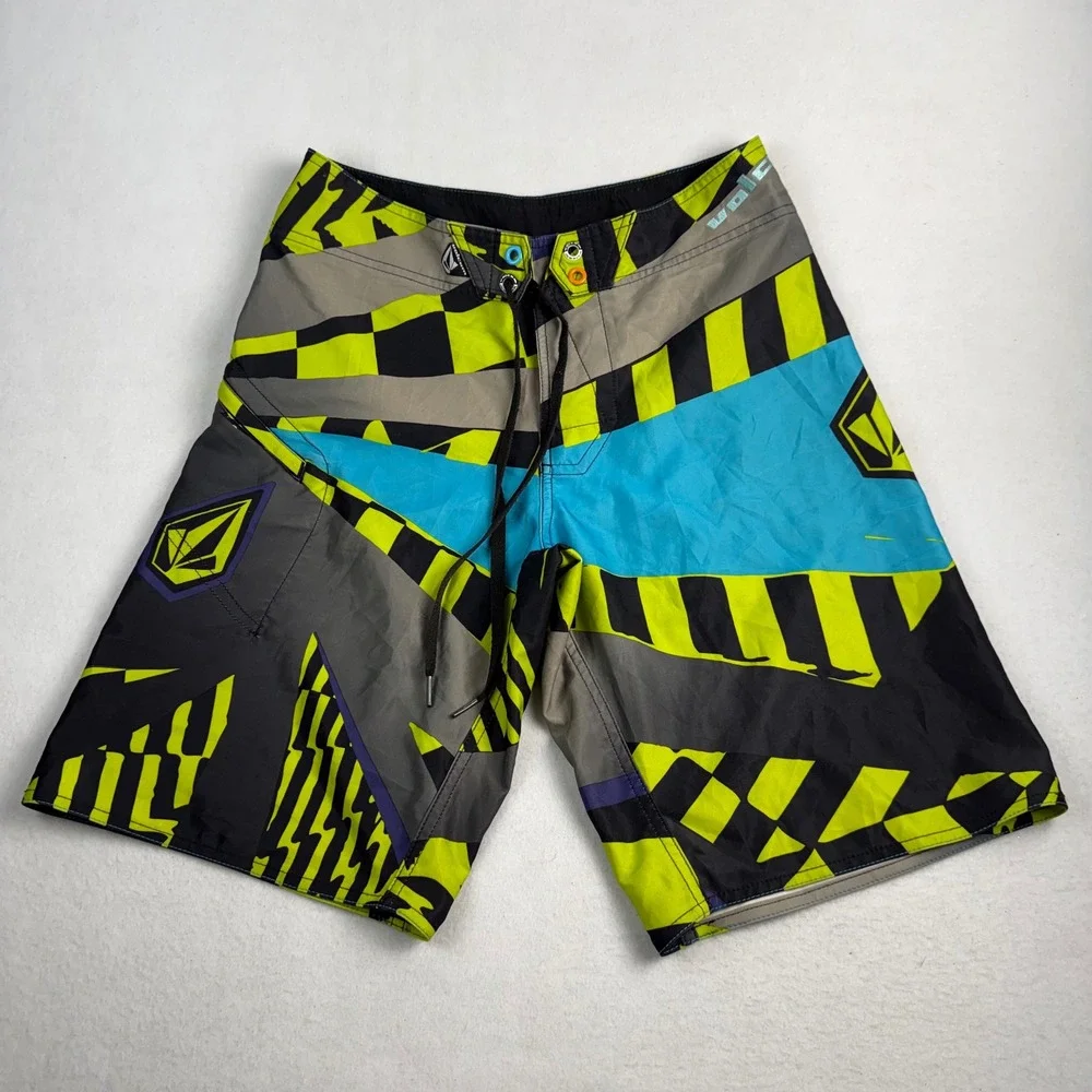 Volcom Dusty Mod Mens Board Shorts 28 Lime Green Cyan‎ Geometric Pattern Surf